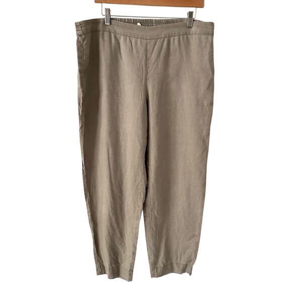 Eileen Fisher Khaki Elastic Waist 100% Organic Linen Straight Leg Pants Size L P